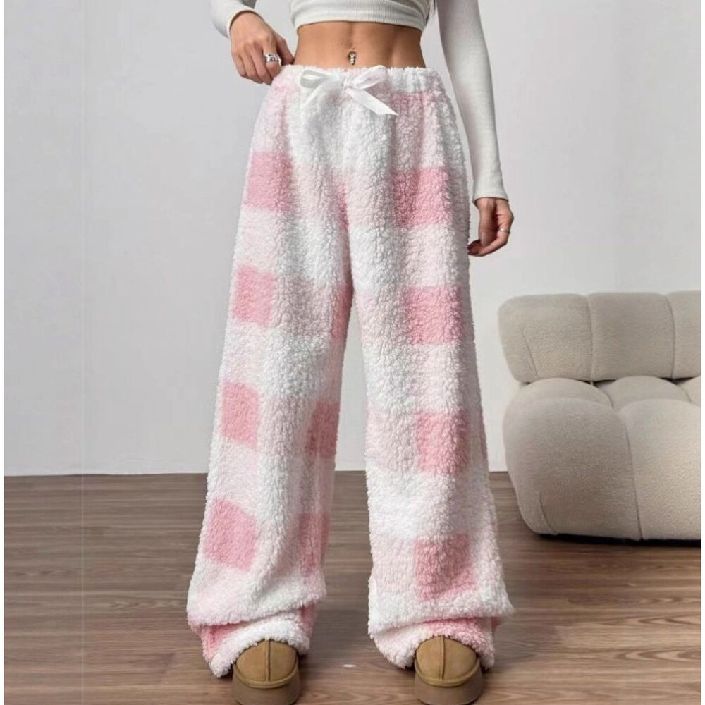 Fuzzy Lounge Pants L Pink White Checkered Plush Pajama Cozy